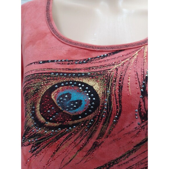 New Directions Coral Red Embellished Knit Top Peacock Feathers Womens XL Cotton - Picture 3 of 7